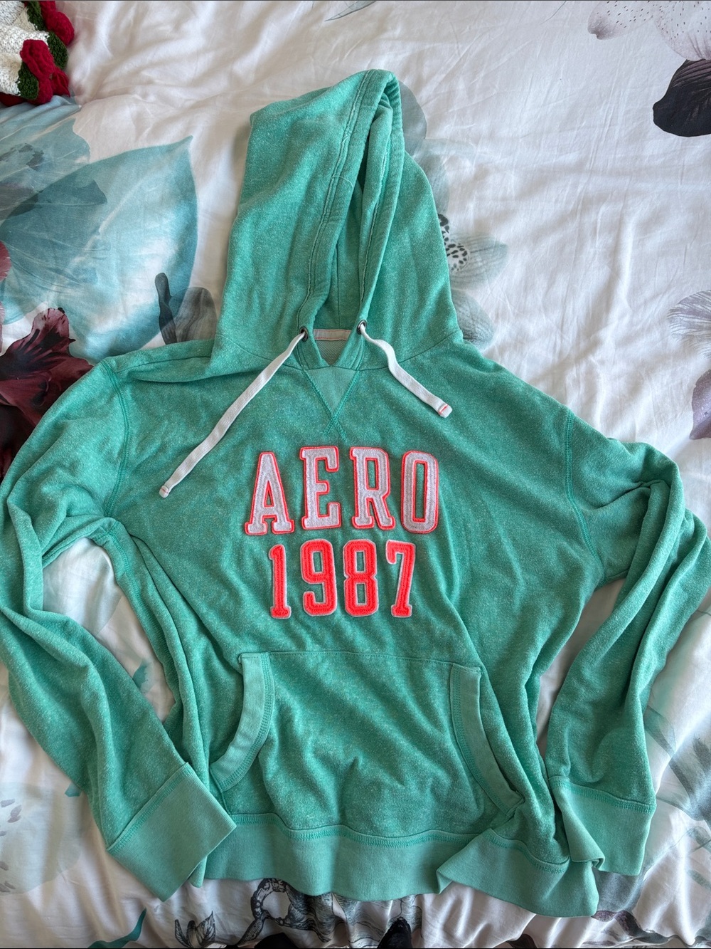 Y2K Aeropostale Mint Green Light Hoodie with Patchwork Logo